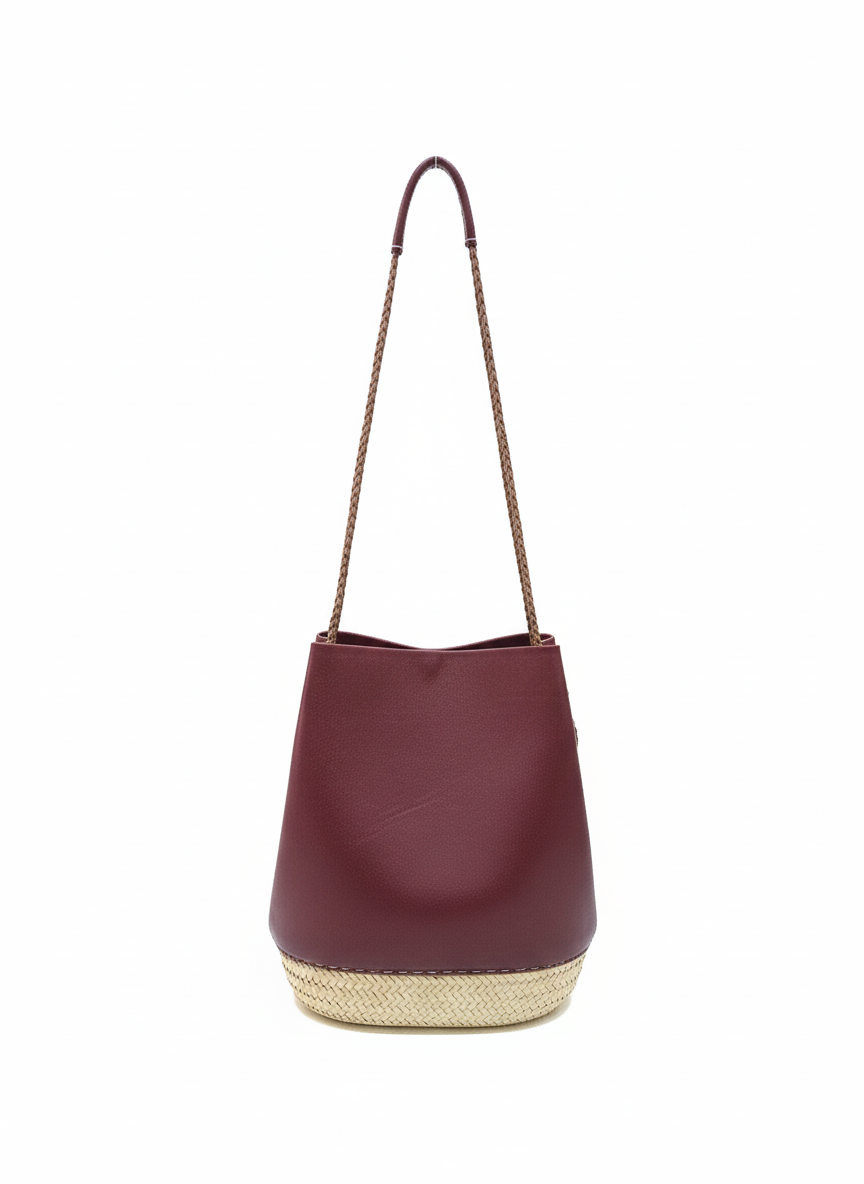 Burgundy Leather Purse with Raffia Base