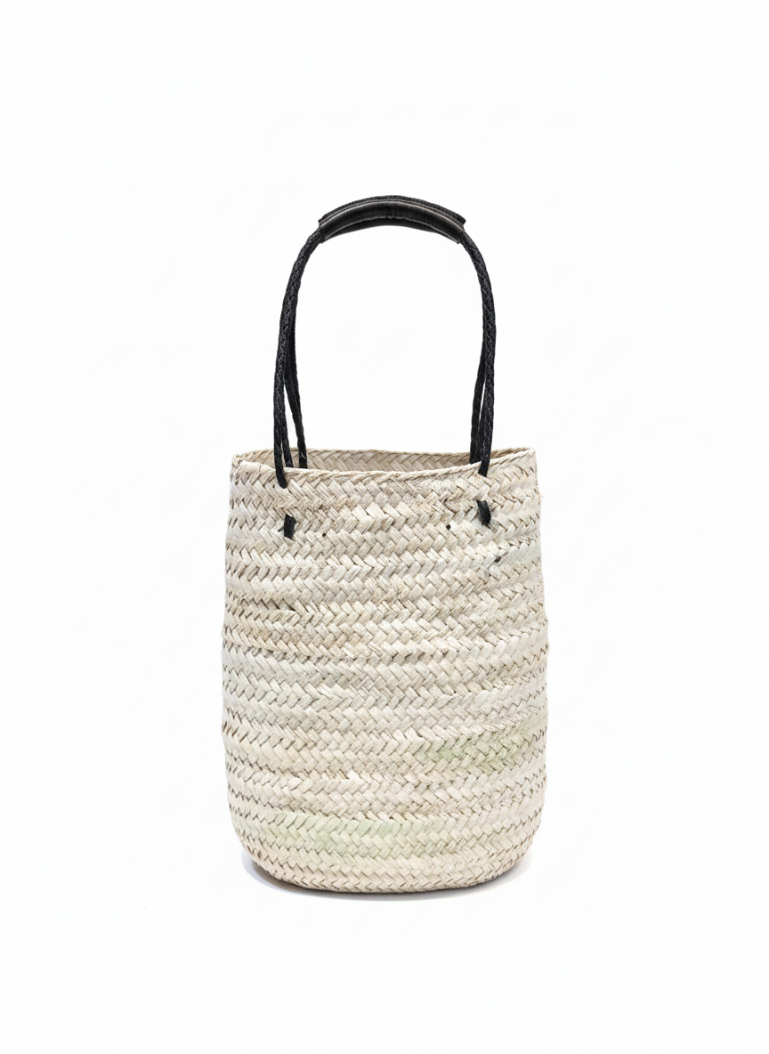 Natural Raffia with Black Leather Handles Sac
