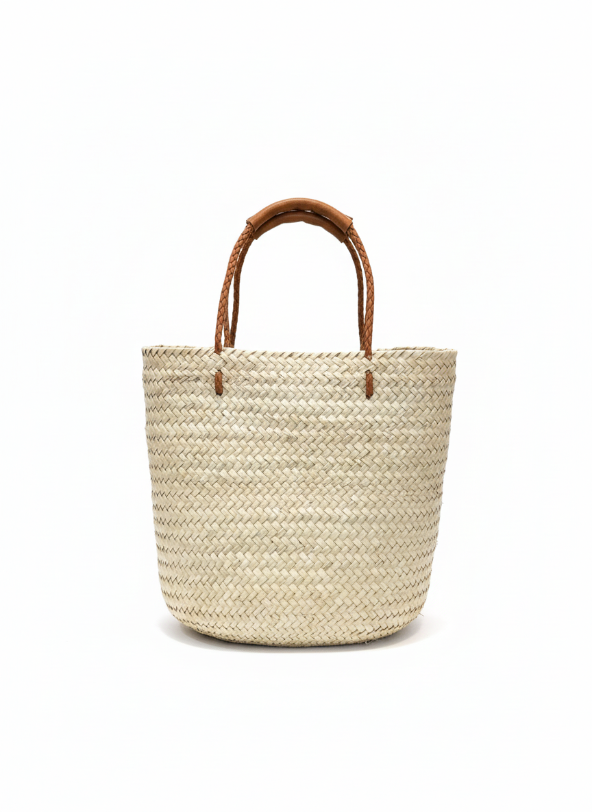 Natural Raffia with Brown Leather Handles Sac