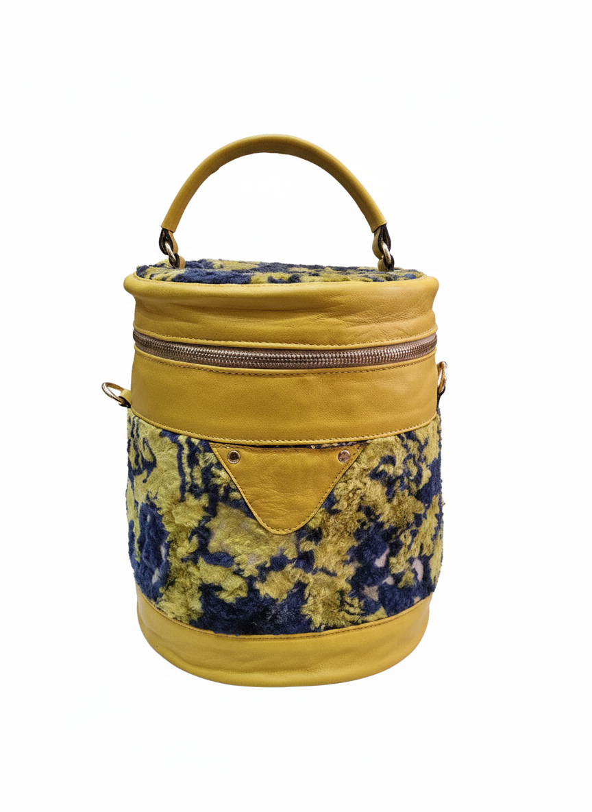 Yellow Velvet and Pleather Train Case with Strap