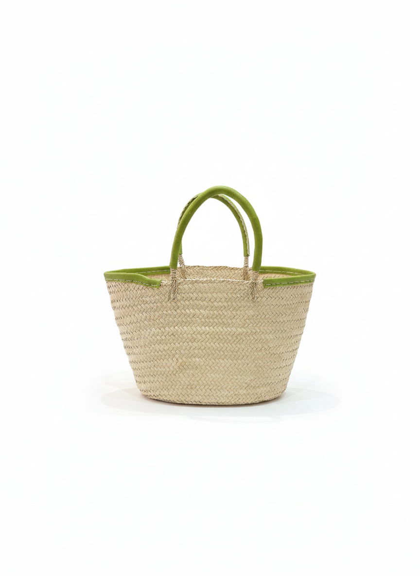 Raffia Basket with Green Leather Handles