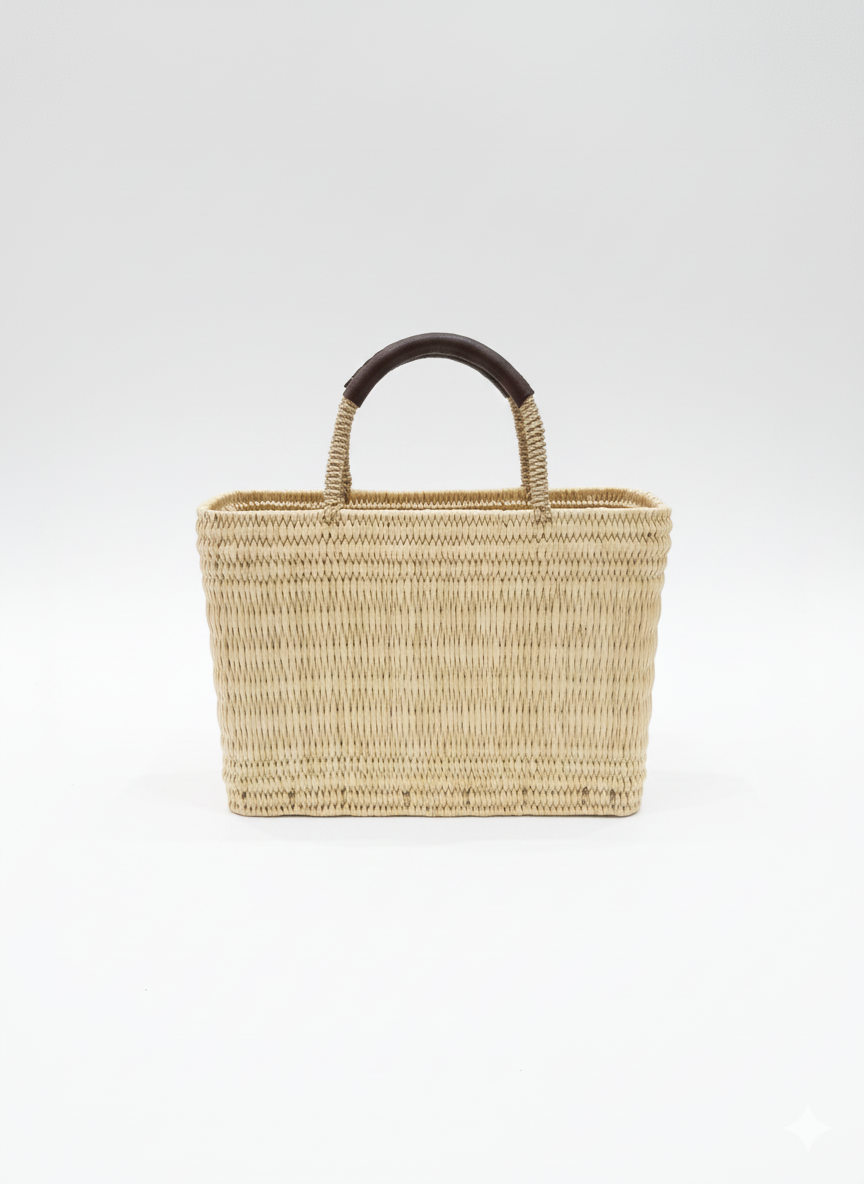 Rectangle Straw Basket with Dark Brown Leather Handles