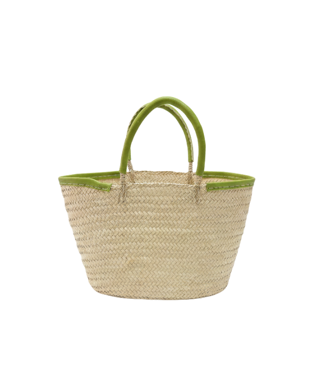 Raffia Basket with Green Leather Handles