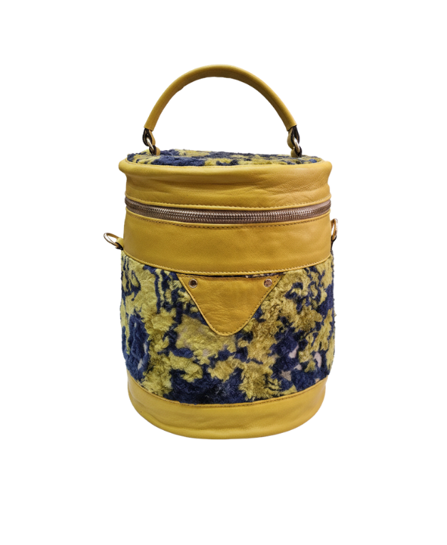 Yellow Velvet and Pleather Train Case with Strap